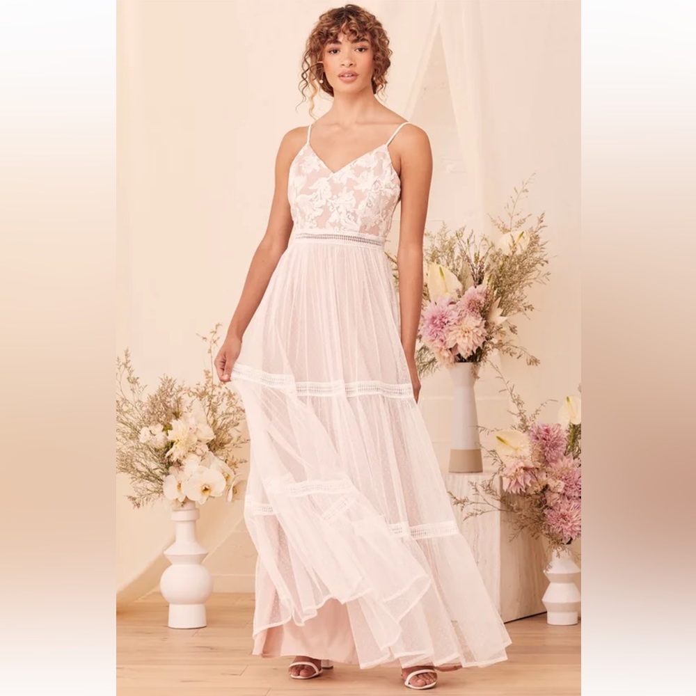 Lulu’s Eleanora White and Nude Lace Embroidered Maxi Dress